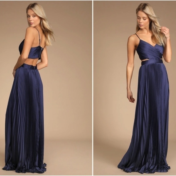 LULUS Prom Wedding Bridesmaid Got the Glam Navy Blue Pleated Cutout Maxi Dress - Picture 4 of 5
